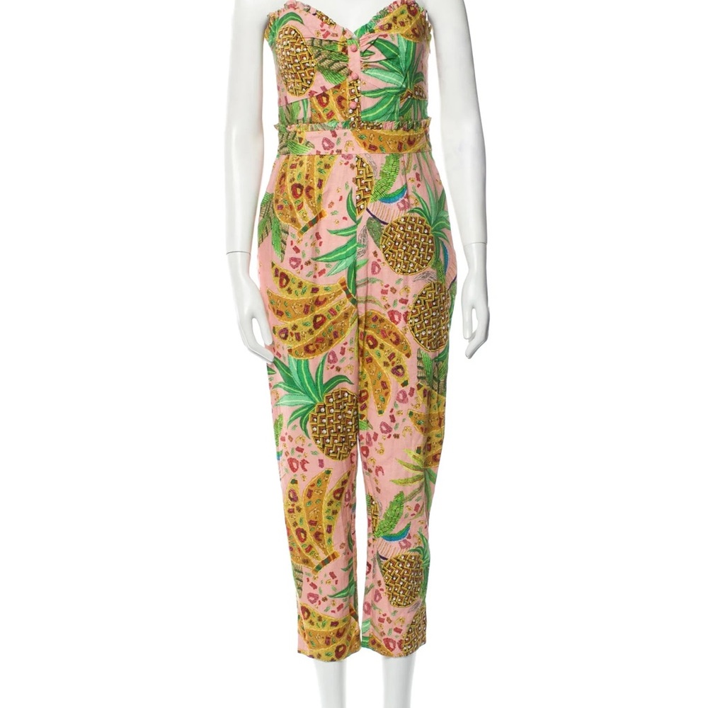 FARM Rio Pink and Green Strapless Jumpsuit with Tropical Print